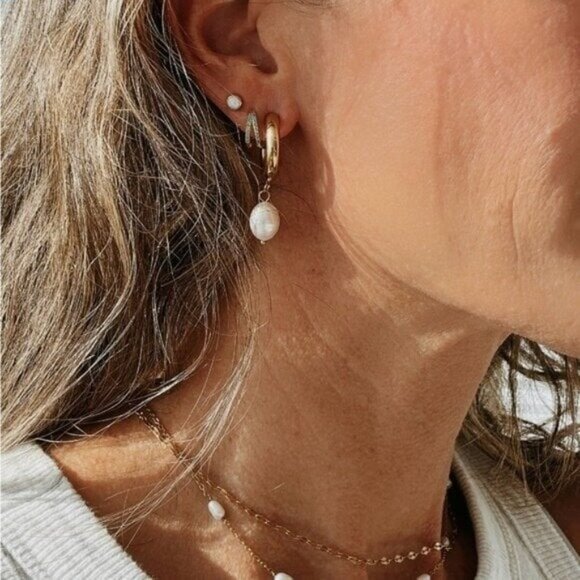 Pearl Earrings Non-tarnish Gold Chunky hoops w/ dangle Pearl Earrings Waterproof - Picture 10 of 12